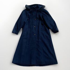 VTG Trilogi Women's Long Pea Coat Wool Navy Blue Fur Trim Canada Made Sz 9-10